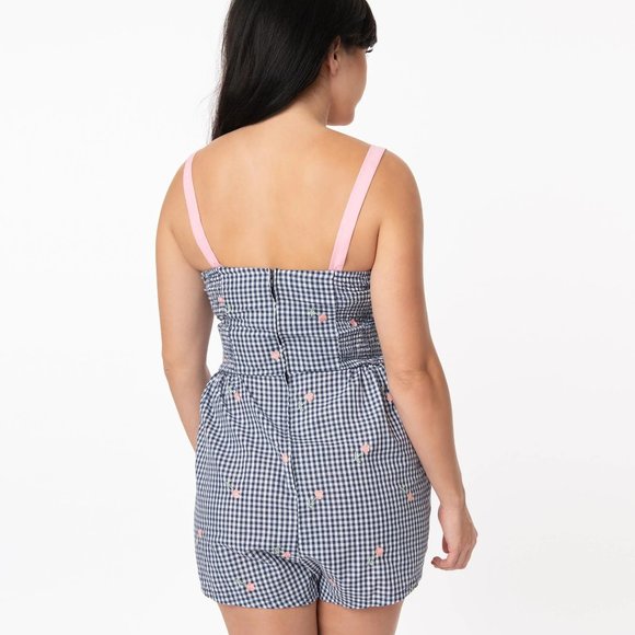 Unique Vintage Navy Gingham & Pink Floral Embroidered Rae Romper with Bow Size M - Picture 2 of 8
